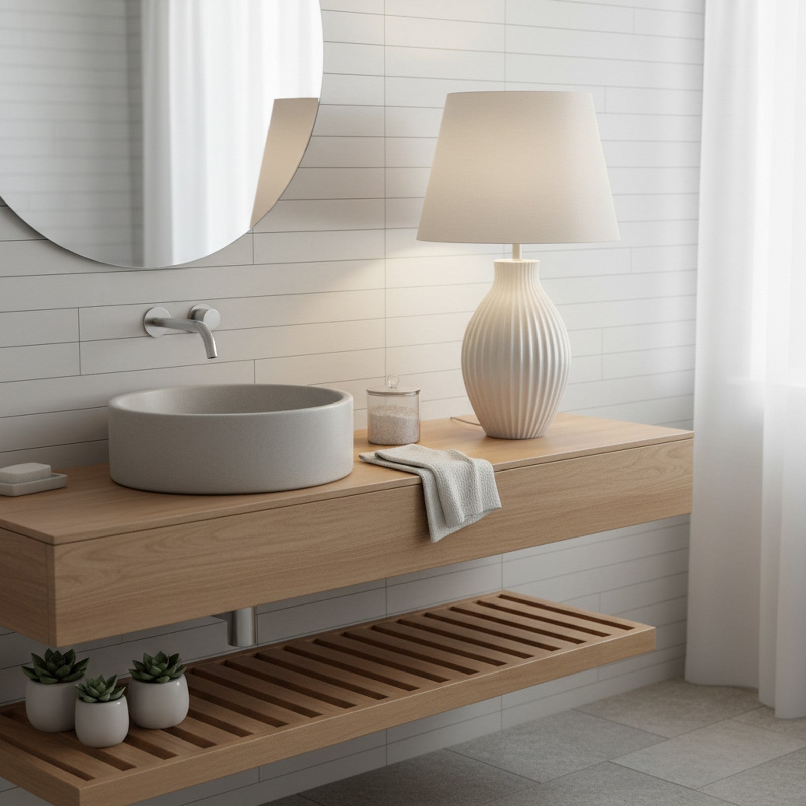White ceramic textured table lamp on bathroom vanity providing spa-like sculptural elegance