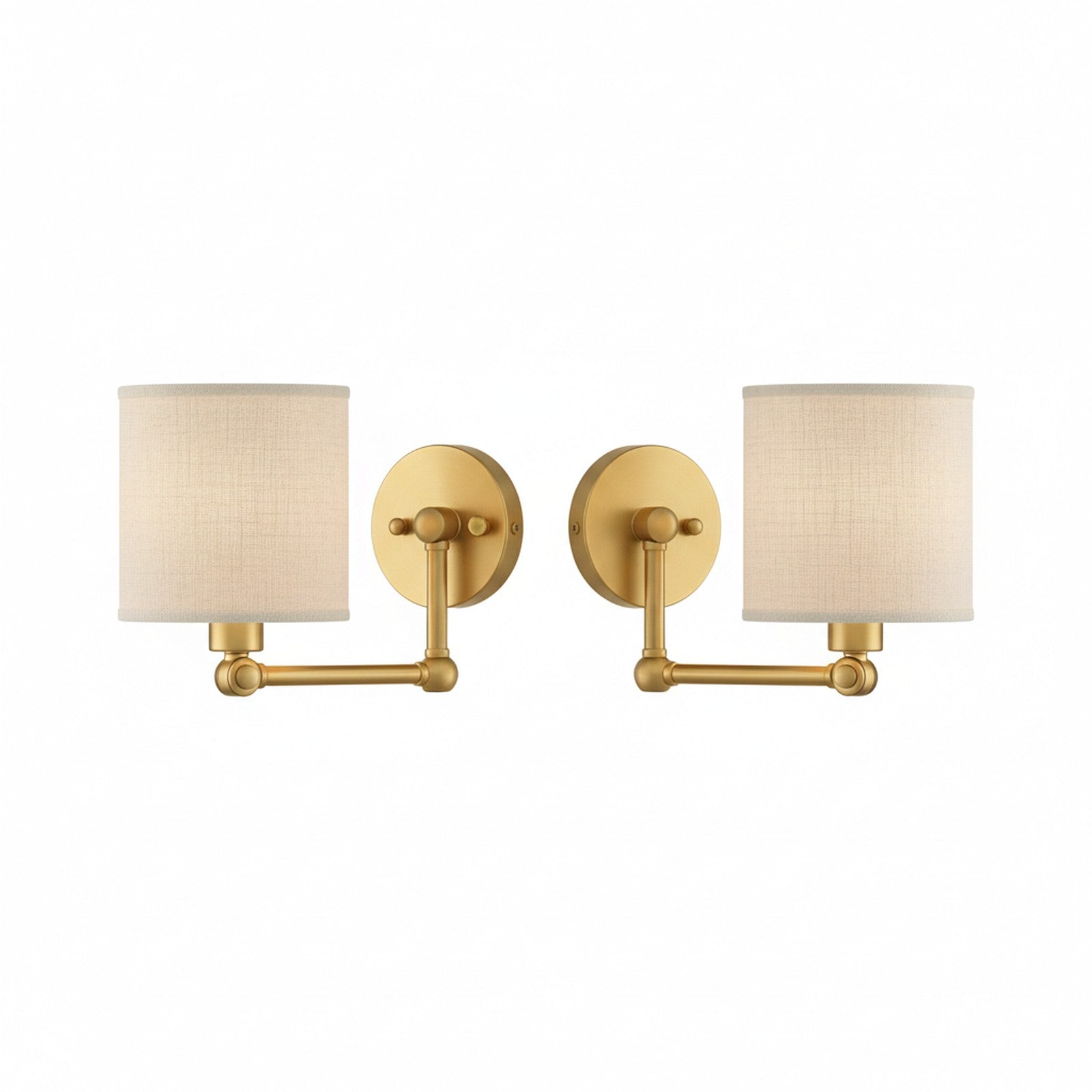 Brass swing-arm wall sconce set of 2 with linen drum shades and articulating pivot joints