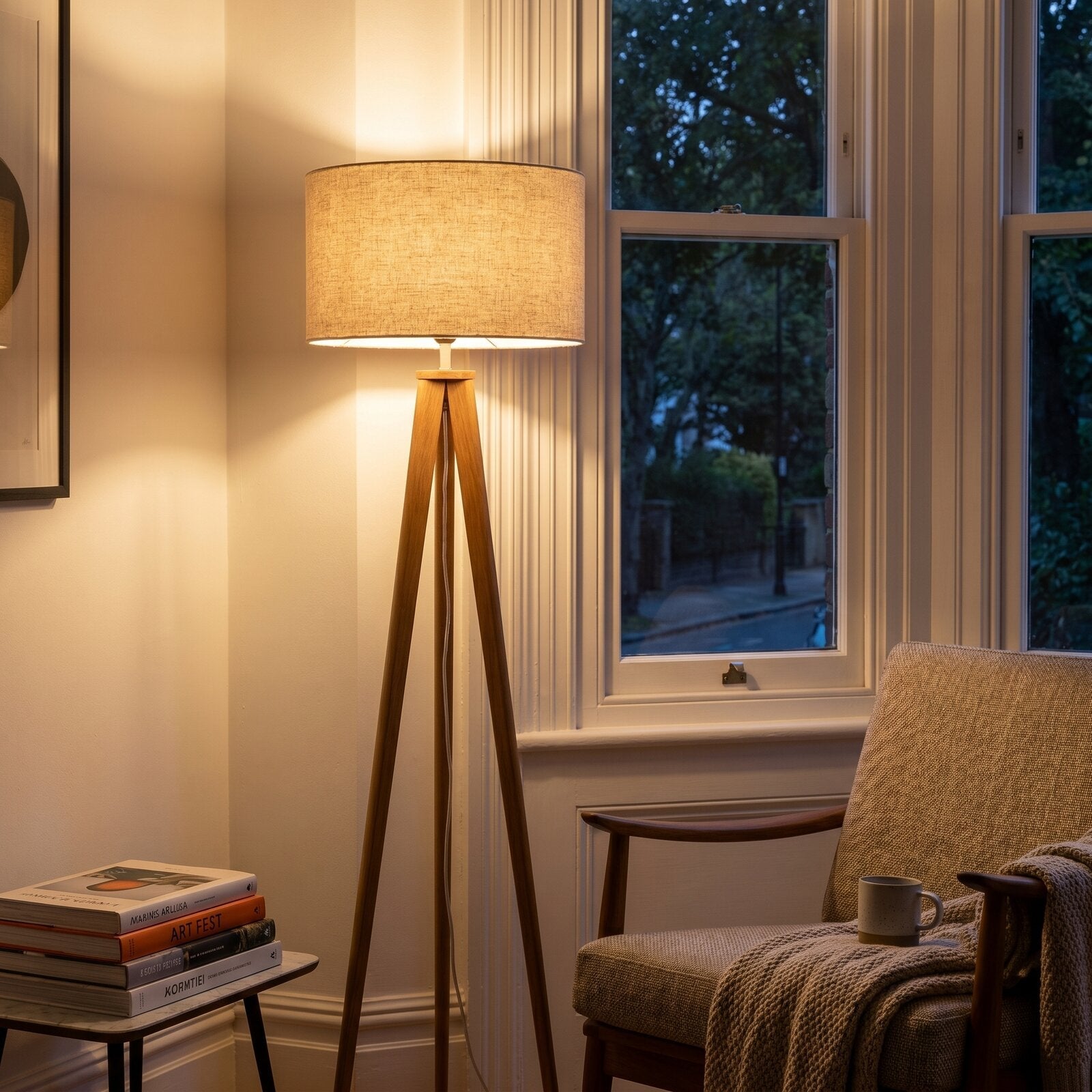 Lampa podłogowa trójnóg z lnianym abażurem mid-century