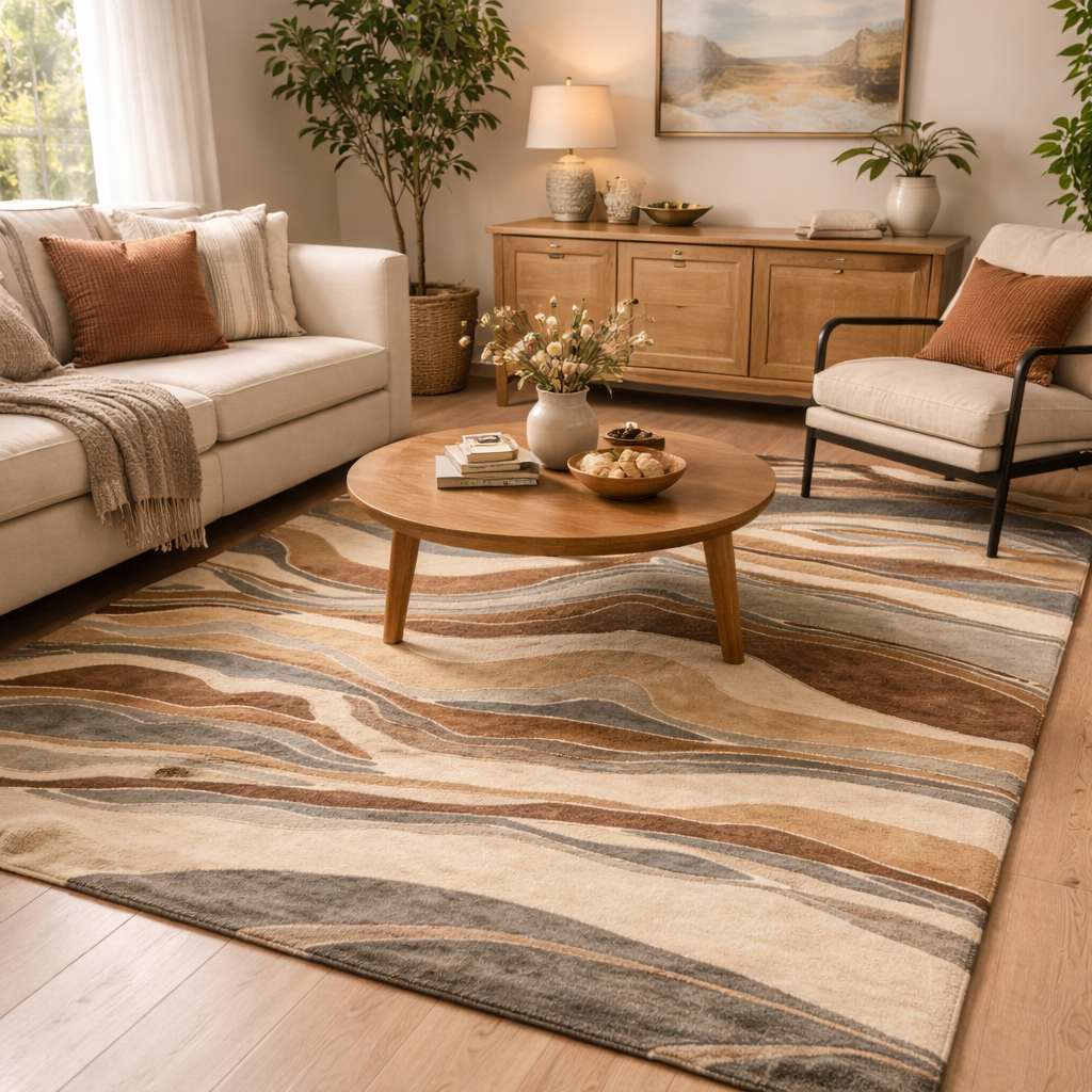 Multicolored Wool Rug With Fluid Pattern